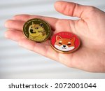 Small photo of Rostock, Germany - november 09, 2021: woman holding Shiba inu and dogecoin token, coin with Shibainu symbol, concept of investing and trading in Shiba and dogecoin token