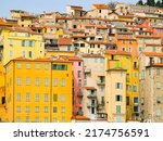 Colorful houses in old part of Menton, French Riviera, France. tourist attraction, travel guide and sights of city breaks. travelling, landmarks, postcard, on road trip panoramic banner