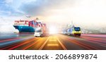 Small photo of Global business logistics import export and container cargo freight ship, freight train, cargo plane, container truck on highway at city background with copy space, transportation industry concept