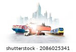 Small photo of Global business logistics import export and container cargo ship, freight train, cargo plane, container truck at city background with copy space, transportation industry concept worldwide distribution
