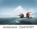 Small photo of Logistics import export and cargo transportation industry concept of Container Truck run on highway road at sunset blue sky background with copy space, cargo airplane, moving by motion blur effect
