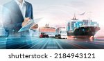 Small photo of Smart Logistics Global Business and Warehouse Technology Management System Concept, Businessman using tablet control delivery network distribution import export, Double exposure future Transportation
