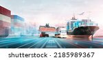 Small photo of Smart Logistics Digital Marketing Technology Concept, Double Exposure Polygon Wireframe of Container Cargo Freight Ship, Plane, Truck, Growth Graph, Modern Future Import Export Transport Background