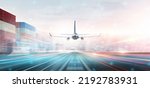 Small photo of Technology Digital Future of Cargo Plane Logistics Transport Concept, Airplane taking off from Airport runway, Modern Futuristic Transportation Import Export Background, Global Business Distribution