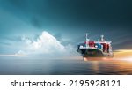 Small photo of Container cargo ship in ocean at sunset dramatic sky background with copy space, Nautical vessel and sea freight shipping, International global business logistics transportation import export concept