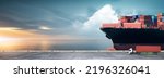 Small photo of Containers cargo logistics import export transport concept, Big ship in the ocean and container truck at sunset dramatic sky background with copy space, Nautical vessel and sea freight shipping