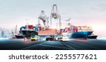 Small photo of Global business logistics transport import export and International trade concept, Logistic distribution of containers cargo freight ship, train, truck, airplane, Transportation industry background