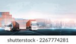 Small photo of Container truck on highway road at the dock with stack of colorful containers box background and copy space, Cargo freight shipping distribution import export logistics transportation industry concept