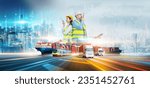 Small photo of Innovation technology digital future of logistics freight transportation import export concept, Engineer using radio communication working at industrial port, Containers checking control management