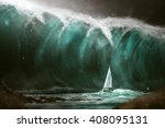 Sailboat in front of a tsunami