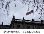 Small photo of London, England, UK - April 10, 2021: Flags fly at half-mast, tribute for Prince Philip, Duke of Edinburgh, Central London Credit: Loredana Sangiuliano