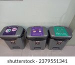 Small photo of a set of trash bin which consist of residue trash bin, recycle trash bin, organic trash bin from a hospital in lombok, west nusa tenggara, indonesia, 25th of october 2023