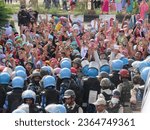 Small photo of Imphal, Manipur, India-September 21, 2023: protestor thronged at Police Station for 'Jail fill protest' blocked by Rapid Action Force jawans