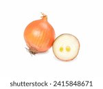 Small photo of Duality of Essence. A Complete Onion Paired with Its Halved Counterpart, Unveiling the Intricacies of Culinary Unity and Symbolizing the Richness of Flavorful Ingredients in Harmony.