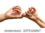 Small photo of Young and mature hand making pinkie pinky promise sign. Close up shot of hands making a pinkie promise sign isolated on white. Mother and daughter crossing their little fingers in symbol of commitment