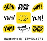 Yum Yum words set. Printable graphic tee. Design doodle for print. Vector illustration. Colorful. Cartoon hand drawn calligraphy style. Yellow Black and white