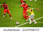 Small photo of Moscow, Russia – July 3, 2018. Players Kieran Trippier, Kyle Walker and Radamel Falcao during World Cup 2018 Round of 16 match Colombia vs England