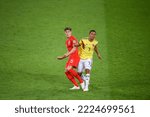 Small photo of Moscow, Russia – July 3, 2018. England national football team centre-back John Stones and Colombia striker Carlos Bacca during World Cup 2018 Round of 16 match Colombia vs England (1-1)