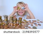 bitcoin glasses, stacks of euro currency coins, small child, blonde girl 3 years old holds bitcoin crypto currency coins in hands, financial literacy of children, Electronic decentralized money