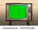 Small photo of old retro analog TV in room with old fashioned wallpaper, red button, blank screen for designer with copy space, 1960-1970, concept modernization or technological revolution, mockup, template