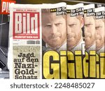Small photo of close-up portrait of Prince Harry, Duke of Sussex on front page of German tabloid newspaper Bild Zeitung, breaking news, sensation, scandals of British royal house, Frankfurt, Germany - January 2023
