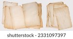 Small photo of stacks of sheets of vintage paper on white isolated background, emphasizing historical value, antiquarian character and cultural heritage, rarity and historical value