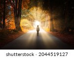 Magical Colorful Art Render with Sunrays of Adventurous Caucasian Woman walking on a Scenic Road by the Vibrant Canadian Rainforest Trees. Salt Spring Island, British Columbia, Canada.