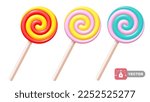Set of sweet spiral lollipops on white plastic sticks. 3d realistic, swirl, colored sugar candies. Vector illustration EPS10