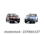 Small photo of isolated simple blue and brown suv cars front view on white background that easily removable.