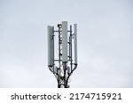 Small photo of Wireless Communication Antenna Various GPS, cellphone, 3G, 4G and 5G equipped telecommunication tower on blue sky copy space background