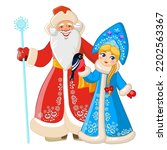 Russian Santa Claus and Snow Maiden in traditional winter clothes. Characters of vintage-style Christmas cards