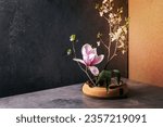 Spring ikebana. Floral composition with spring blooming magnolia and plum branch flowers in brown ceramic bowl, standing on grey table. Japanese style home decor. Copy space