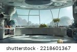 futuristic kitchen, sci-fi room looking out to an extraterrestrial landscape, 3d illustration