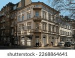 Small photo of Wiesbaden, Germany - February 28, 2023: old historic facade at the corner Taunusstrasse, Roeder Weg in Wiesbaden in beautiful light.