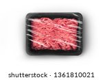 Black sealable plastic tray with fresh raw minced meat top-view. Packaging template mockup collection. With clipping Path included.