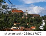 Defensive fortress Špilberk in Brno, Czechia. Photographed from distance. Low angle view. Scenic composition of a castle. Iconic photo of Czechia.