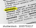 Small photo of Highlighted English word "apostasy" and its definition in the dictionary.