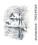 beautiful winter black and... | Shutterstock . vector #740149264