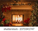 Inner Christmas. Magic glowing tree, fireplace and gifts