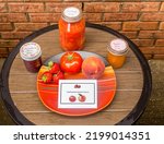 Small photo of Assortment of homemade tomato, strawberry, and peach preserves from a local farmer in Clanton, Alabama and displayed on a table and saucer. Labels created by Photog.