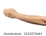 Small photo of Man hand show holding something like a bottle isolated on white background. Clipping path included