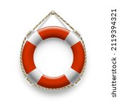Realistic Lifebuoy On Rope. Red ...