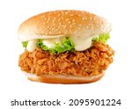 Delicious chicken burger, double burger with crispy chicken meat, salad and sauce isolated on white background