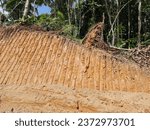 Small photo of Results of excavation work using an excavator. The original soil type is sandy loam. On the wall of the excavation, you can see the grooves produced by the excavator's bucket teeth.