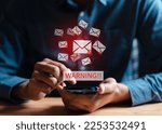 Small photo of Email spam virus warning caution sign for notification on internet letter security protect, junk and trash mail, Cybersecurity vulnerability, data breach, illegal connection, compromised information.