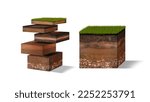 Small photo of Isometric Soil Layers diagram, Cross section of green grass and underground soil layers beneath, stratum of organic, minerals, sand, clay, Isometric soil layers isolated on white