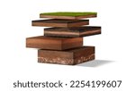 Small photo of Isometric Soil Layers diagram, Cross section of green grass and underground soil layers beneath, stratum of organic, minerals, sand, clay, Isometric soil layers isolated on white