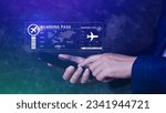 Small photo of Businessman holding smart phone with boarding pass tickets air travel concept, Choosing checking electronic flight ticket, Booking ticket Online flight travel concept
