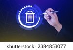 Small photo of Businessman touching bin trashcan icon, Delete translucent button on virtual touchscreen interface, Deleting data concept.