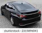 Small photo of Black hybrid sedan car standing in a road. Luxury car of business class is parked on city. Back view of new black car. Black premium city sedan.